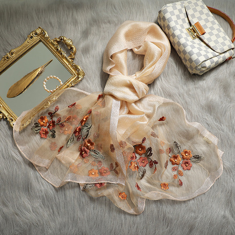 Foulard en soie et laine Pashmina pour femme, écharpe enveloppante avec broderie florale, Bandana d'hiver de haute qualité ► Photo 1/6