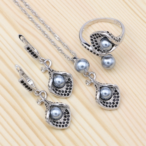 Ensembles de bijoux en zircone cubique noire avec perles grises en argent 925, ensemble de boucles d'oreilles en forme de corne, ensemble de collier et pendentif ouverts pour femmes ► Photo 1/6