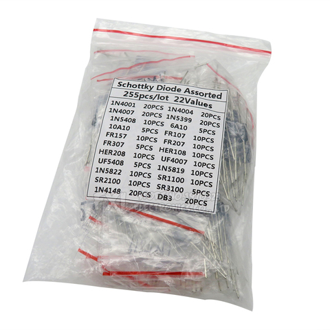 Redresseur de commutation rapide, Kit assorti de diodes Schottky, 1N4001 1N4004 1N4007 1N5408 UF4007 FR307 1N5819 1N5822 6A10 10A10, 255 pièces ► Photo 1/1