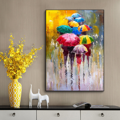 Peinture à l'huile sur toile abstraite, imprimée d'art pour fille, portant un parapluie, Art mural, décoration murale de maison ► Photo 1/6