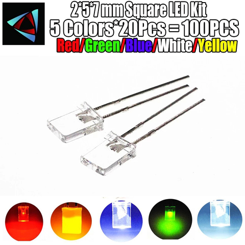 Kit de diodes électroluminescentes carrées, 100 pièces/lot, 2x5x7mm, diode électroluminescente transparente, 5 couleurs, rouge, jaune, vert, bleu, blanc ► Photo 1/1