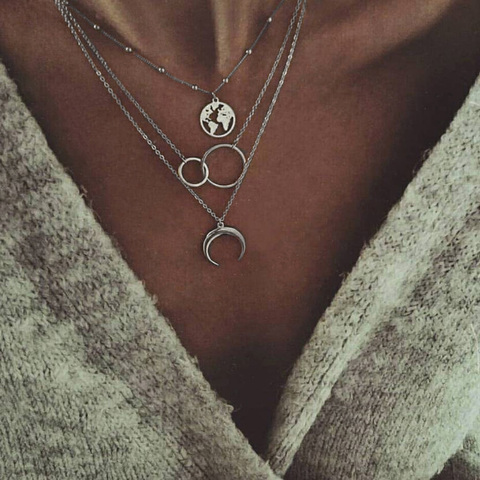 Collier pour femmes, pendentif carte lune, Bijoux, ras du cou, multicouches, à la mode, lune, ras du cou ► Photo 1/5