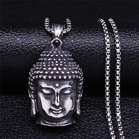 Collier bohémien tête de bouddha de Yoga pour femmes, en acier inoxydable, couleur argent, bijoux de déclaration, NZZ64S04 ► Photo 1/6