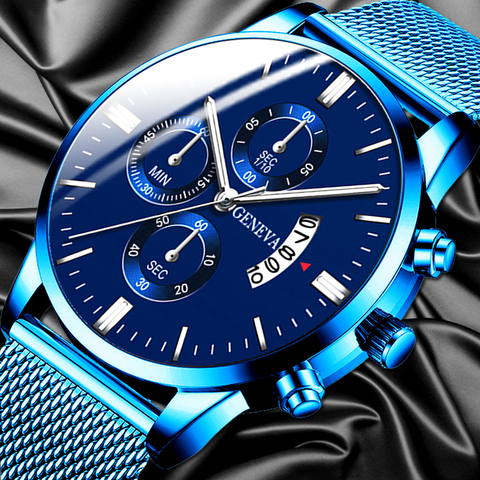 2022 hommes mode affaires calendrier montres de luxe bleu acier inoxydable maille ceinture analogique Quartz montre relogio masculino ► Photo 1/6