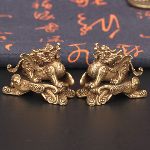 Statue de cuivre de la bête chinoise Antique | Pi Xiu, petits ornements, décorations de meubles Feng Shui pour la maison, décors de Table en Bronze, Animal chanceux ► Photo 1/6