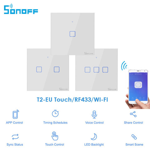 Itead Sonoff-interrupteur lumineux WIFI mural | T2 ue 86 taille 1/2/3 gangs, télécommande tactile/RF433 mhz/WIFI, fonctionne avec Alexa Google Home ► Photo 1/6