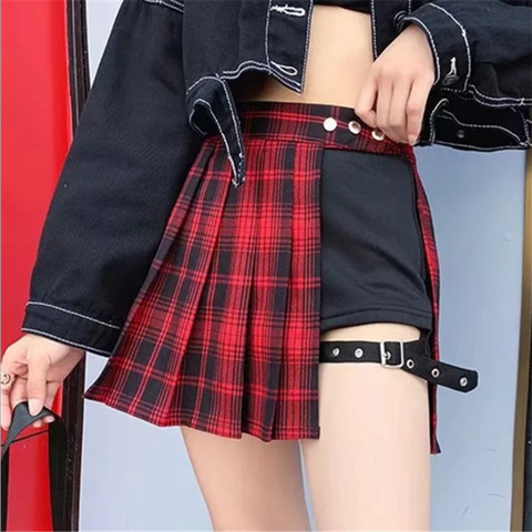 Jupe courte assortie pour femmes, Mini jupe plissée, style Tartan, rouge, streetwear, à carreaux sur le côté, décontracté ► Photo 1/6