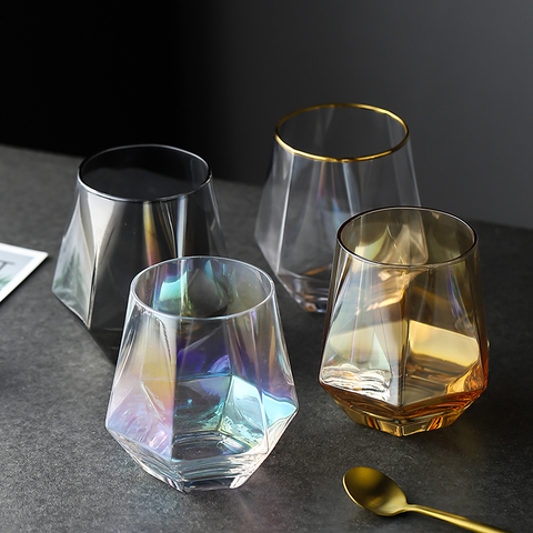 Verre à whisky géométrique en cristal de diamant, bord doré, Transparent, tasse à café, lait, thé, Bar, maison, verres, cadeaux de Couple ► Photo 1/6