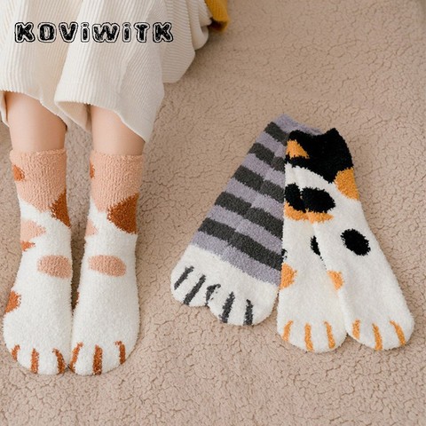 Mode femmes chats patte rayure 3d chaussettes mignon drôle épais filles dessin animé Animal doigts chaussette bonneterie orteil zèbre/tigre/chat pied Sox ► Photo 1/6