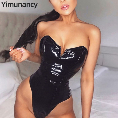 Yimunancy-body en cuir PU, body Sexy, sans bretelles, en forme de V, moulant noir, vêtement de club ► Photo 1/6