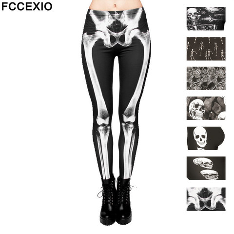FCCEXIO Nouvelle Marque 3D Imprimé Rétro Os Noir Squelette Sexy Femmes Casual Punk Rock Leggins Taille Haute Pantalon Fitness Leggings ► Photo 1/6