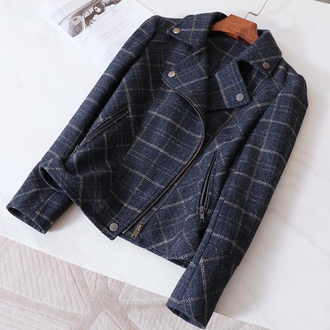 Bleu marine Plaid court vestes femmes Vintage mince grande taille style coréen manteau laine à manches longues décontracté Biker manteaux outwear chic hauts ► Photo 1/6