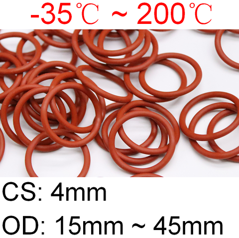 10 pièces VMQ joint torique joint épaisseur CS 4mm OD 15 ~ 45mm Silicone caoutchouc isolé rondelle étanche forme ronde Nontoxi rouge ► Photo 1/6