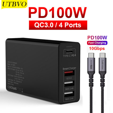 UTBVO – adaptateur secteur 100W TYPE-C USB-C, chargeur PD100W pour USB-C ordinateurs portables MacBook Pro/Air iPad Pro, USB QC3.0 pour Samsung iPhone ► Photo 1/6