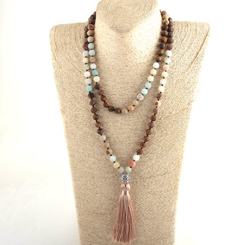 Bijou style bohème pour femmes, collier Lariat à la mode, perles en pierre naturelle de 8MM, pompon, Yoga, 108 ► Photo 1/6