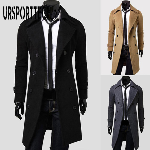 URSPORTTECH mode manteau hommes laine manteau hiver chaud solide longue Trench veste boutonnage affaires pardessus décontracté mâle laine manteau ► Photo 1/5