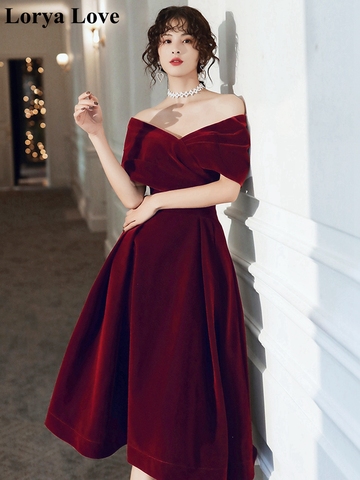 Robe de bal en velours rouge bordeaux, épaules dénudées, robe longue de soirée, élégante, robe de soirée, pour femmes, 2022 ► Photo 1/6