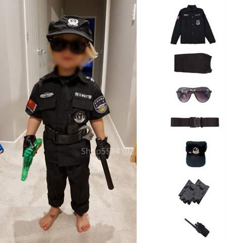 Costumes de Cosplay de policier d'halloween pour enfants, uniforme des forces spéciales de carnaval pour enfants, ensembles de chapeaux de policier pour garçons de 110 à 160cm ► Photo 1/6