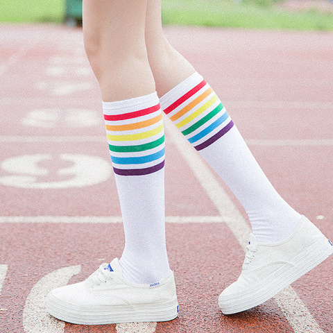 Chaussettes arc-en-ciel en coton pour femmes, longues cuisses rayées, chaussettes, Sexy, pour étudiants, hautes ► Photo 1/6