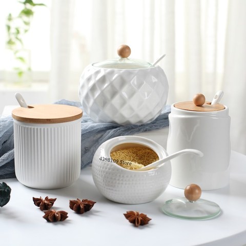 Pot d'assaisonnement en céramique blanche, salière/huileur créatif, avec motif ondulé, couvercle en bois, outil de rangement Simple, fournitures de cuisine ► Photo 1/6