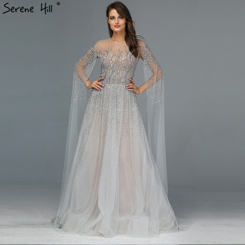 Cerene Hill – robe de soirée de forme trapèze, tenue de soirée luxueuse et Sexy, col rond, manches Cape, perles, arabe, argent, LA60869, 2022 ► Photo 1/6