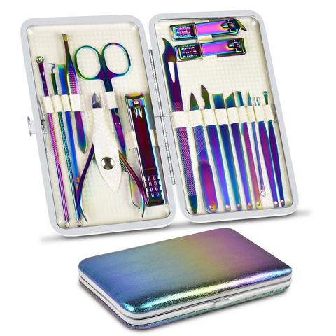 8/18 pièces nouveau Kit de manucure arc-en-ciel pédicure professionnel toilettage soins outils lime à ongles coupe-ongles avec ensemble de manucure en cuir ► Photo 1/6