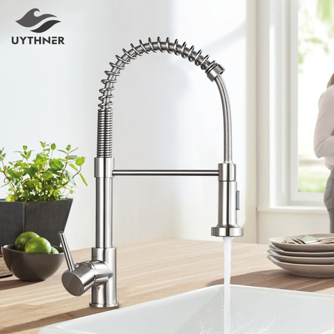 Robinet mitigeur d'eau chaude et froide extensible pour évier de cuisine, nickel brossé, pivotant sur 360 degrés ► Photo 1/6