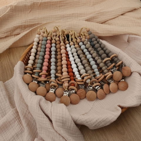 Attache-sucette pour bébé perles en Silicone anneau en bois chaîne de sucette mamelon pour bébé ► Photo 1/6