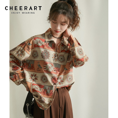 CHEERART Vintage chemise à manches longues impression col boutonné rétro chemise femmes haut et Blouse en vrac automne coréen mode vêtements ► Photo 1/6