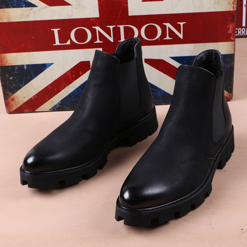 Bottines chelsea en cuir véritable pour homme, chaussures à plateforme, noires, pour le bureau ► Photo 1/2