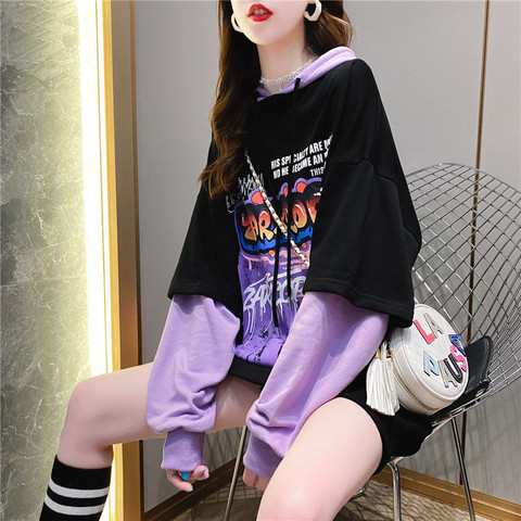 Harajuku – sweat-shirt Patchwork à manches longues pour femme, vêtement Streetwear surdimensionné à capuche, noir, automne ► Photo 1/6