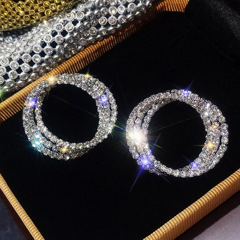 Huitan – boucles d'oreilles en cristal CZ pour femmes, bijoux de luxe, Micro pavé, éblouissant, classique, couleur argent, ficelle, forme ronde, polyvalent ► Photo 1/6