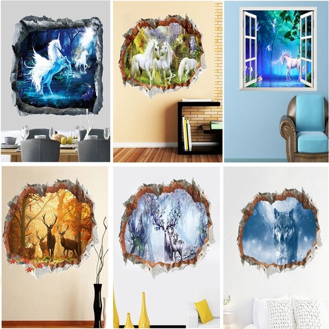 Autocollant mural de licorne de forêt effet 3d, décoration murale pour chambre d'enfant, tête de cheval pour chambre d'enfant, décoration murale pour chambre à coucher ► Photo 1/6