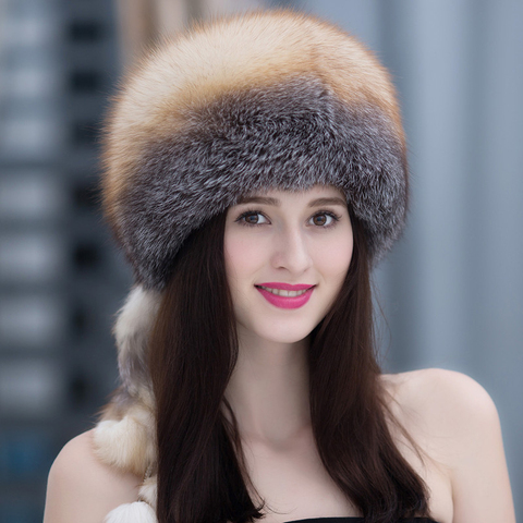 Hiver fourrure chapeau femmes naturel raton laveur fourrure de renard russe chapeaux hiver en plein air épais chaud Bomber oreilles casquettes ► Photo 1/6