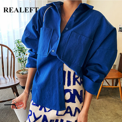 REALEFT – chemisier à Double poches et col rabattu pour femme, en coton, décontracté, ample, vêtement de travail, nouvelle collection printemps 2022 ► Photo 1/6