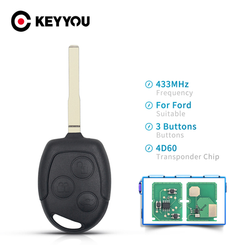 KEYYOU – clé télécommande de voiture HU101 à 3 boutons, puce 4D60/4D63, 433Mhz, lame non coupée, pour Ford Focus Fiesta Fusion Mondeo Galaxy c-max s-max ► Photo 1/6