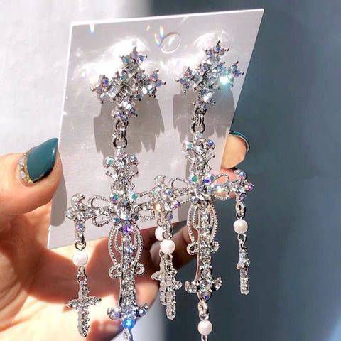 MWsonya-boucles d'oreilles Style palais, couleur argent, luxe, croix en cristal, pour femmes, bijoux de fête élégants avec pompon, cadeaux ► Photo 1/6