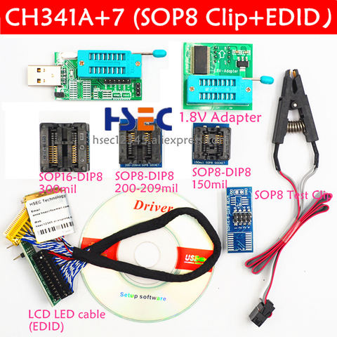 Programmeur USB 24 25 ch341a avec clip de test sop8 câble EDID adaptateur soic8 sop16 1.8V programmeur eeprom BIOS Flash w25q64 ► Photo 1/6