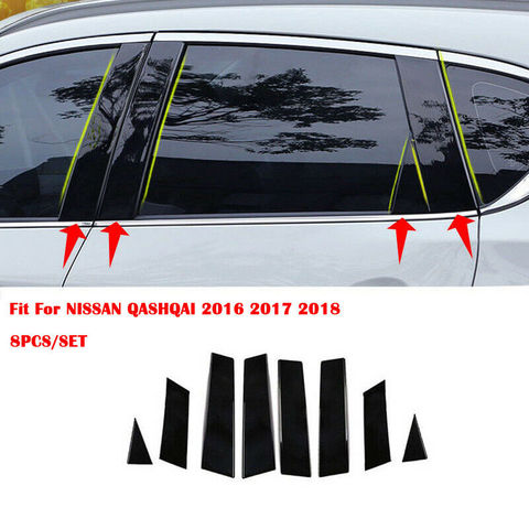 Piliers de fenêtre de voiture, autocollant, noir, effet de miroir, pour Nissan Qashqai 2016-2022 jfs, BC du milieu, 8 pièces/ensemble ► Photo 1/6