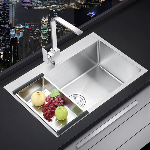 Évier de cuisine en acier inoxydable, lavabo brossé fait à la main, au-dessus du comptoir, fixation de cuisine avec accessoires de Drainage ► Photo 1/6