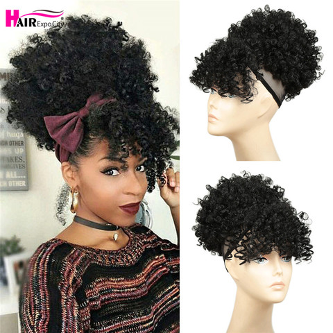 Chignon synthétique court frisé bouclé avec frange, Extension capillaire Afro bouffante avec cordon de serrage ► Photo 1/6