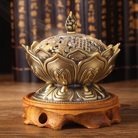 Brûleur d'encens en laiton modèle Lotus fleur | Alliage de Zinc-cuivre plat bouddha chinois, porte-encens, Mini encensoir bois de santal, nouveau ► Photo 1/6