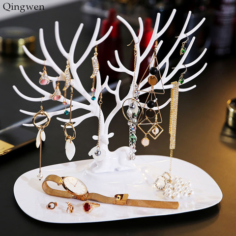 Qingwen cerf boucles d'oreilles collier anneau pendentif Bracelet bijoux présentoir plateau arbre rangement coffret à bijoux à compartiments CE0560 ► Photo 1/6