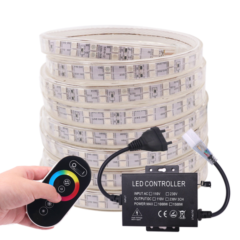 Bande lumineuse à 60 ou 120LED, 220V, étanche, rvb 5050, avec télécommande tactile, ruban lumineux, changement de couleur, décoration de la maison ► Photo 1/6