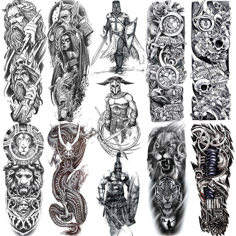 Noir militaire Maori Totem manches temporaires tatouages pour hommes réaliste faux plein Arm3D Dragon crâne loup Lion Robot Tatoos pâte ► Photo 1/6