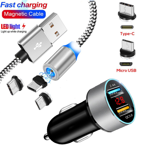 QC 3.0 Chargeur de voiture Magnétique Micro USB Type C Câble Pour Samsung J1 J2 J3 J5 A3 A5 A7 2017 A50 A70 A31 A51 A71 A10 Téléphone Câble ► Photo 1/6