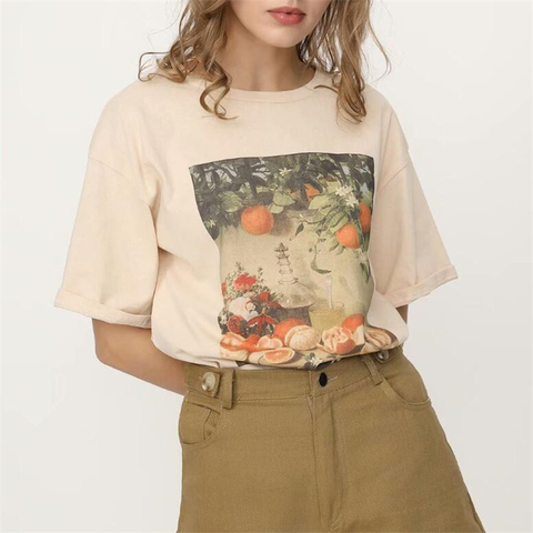 T-shirt manches courtes femme, Streetwear, kaki, imprimé Floral graphique, Vintage, esthétique, grande taille, décontracté, vêtements Grunge ► Photo 1/1