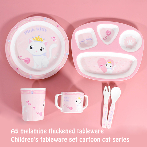 Creative cartoon chat animal motif nourisseur de bébé ensemble cuillère bol assiette tasse anti-dérapant vaisselle bébé fournitures assiette pour enfants ► Photo 1/6