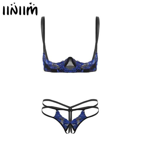 Iiniim femmes Femme ensemble de Lingerie en dentelle érotique seins exposés armatures coupe ouverte soutien-gorge haut avec entrejambe ouverte slip Sissy ► Photo 1/6