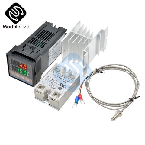 Température de régulateur de température de Thermostat à semi-conducteurs de relais d'affichage à cristaux liquides de PID de Digital de REX-C100 avec le radiateur de Thermocouple de Type K ► Photo 1/6